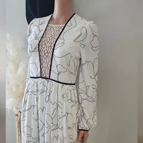 Elliatt Off White Floral Black Print Open Lace V- Neck Long Sleeve Maxi Dress - Picture 5 of 7